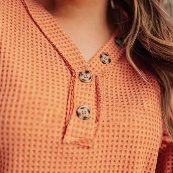 Plus size orange waffle knit long sleeve top v neck button - Picture 6 of 6